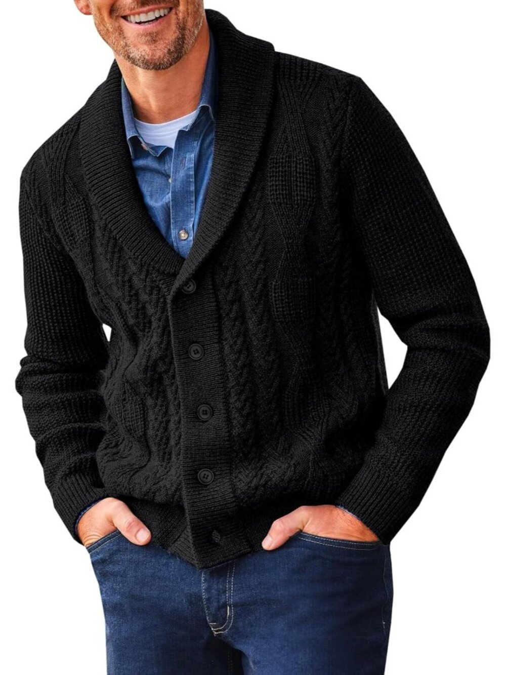 🆕Men's All Black Shawl Collar Cardigan Sweater Cable Knit Casual Winter Outwear